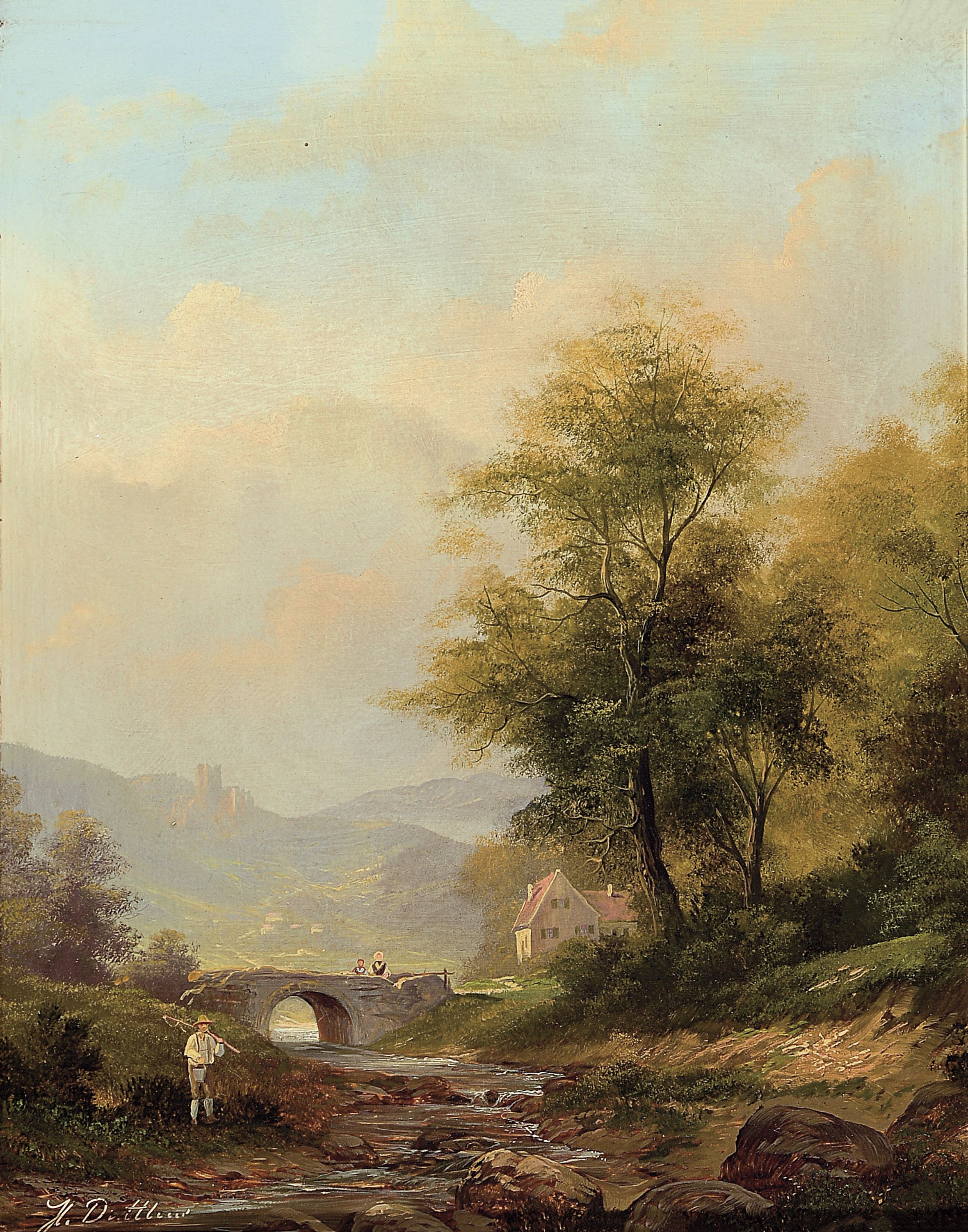Herbert Duttler, geb. 1948 Bayern, Münchner Schule, feinmalerische Landschaft, im Duktus eines Hubert Kaplan, Fischer an Flusslauf, in Sonnenlicht ...