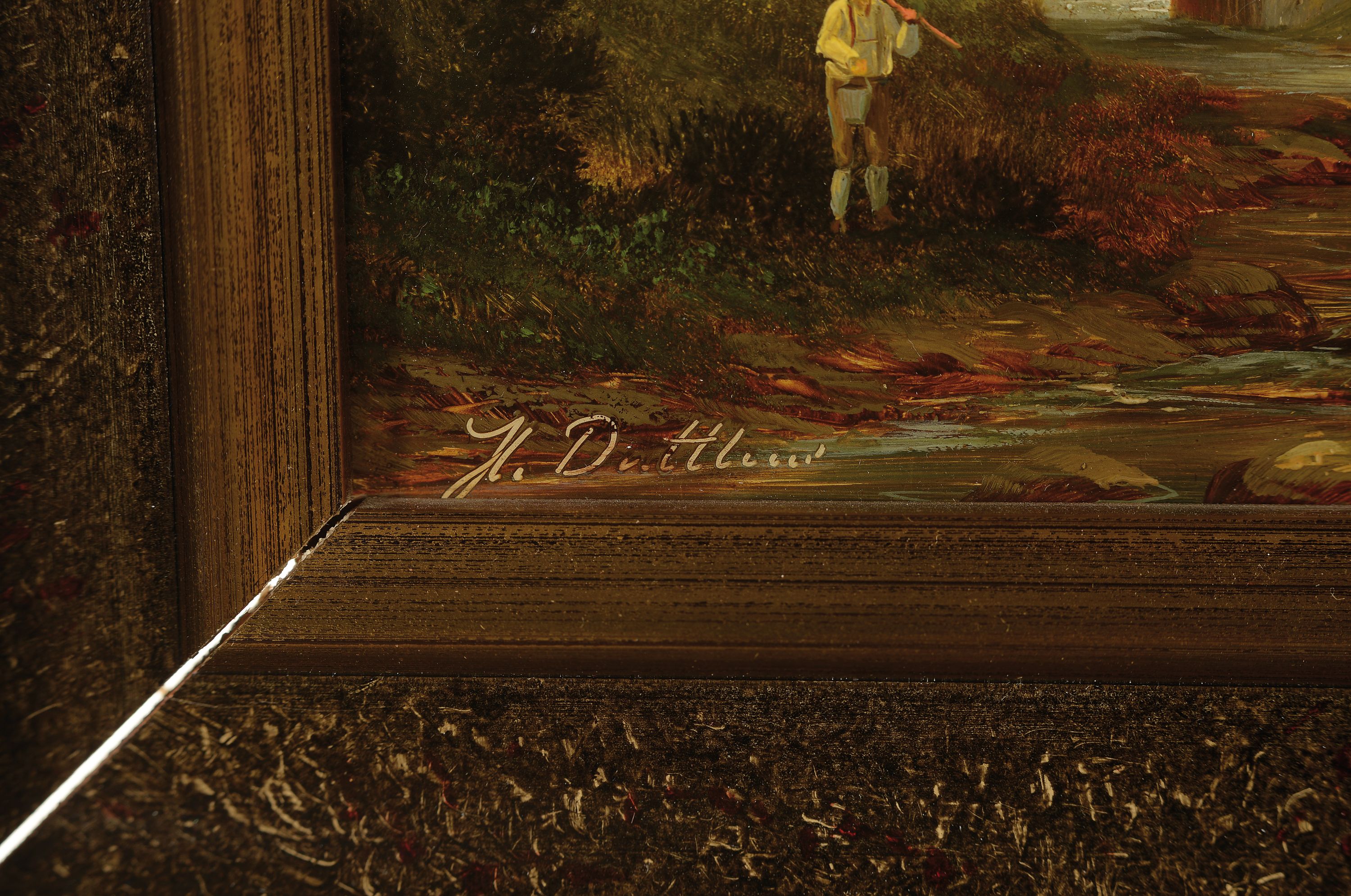 Detail a: Herbert Duttler, geb. 1948 Bayern, Münchner Schule, feinmalerische Landschaft, im Duktus eines Hubert Kaplan, Fischer an Flusslauf, in Sonnenlicht ...