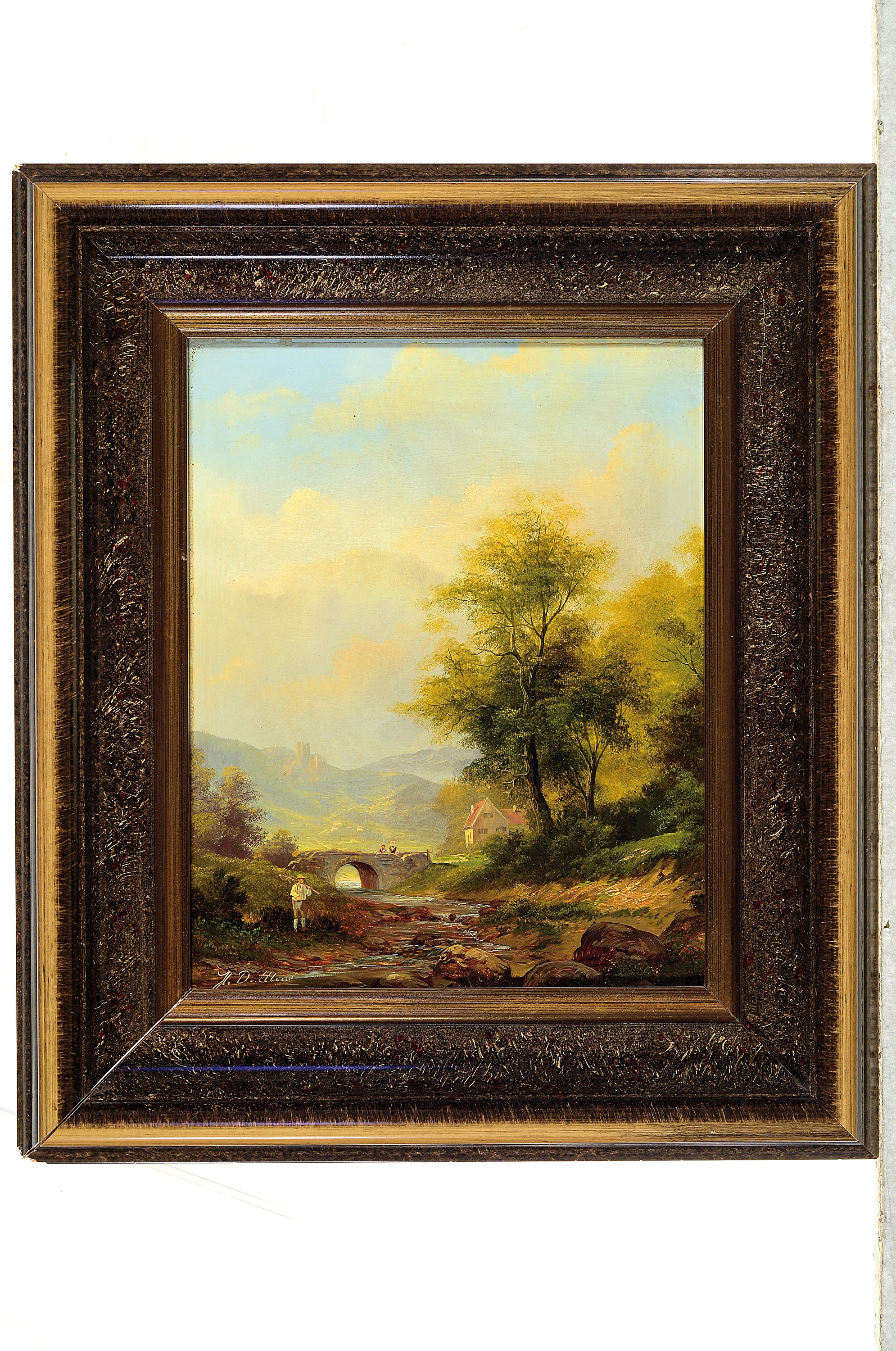 Detail k: Herbert Duttler, geb. 1948 Bayern, Münchner Schule, feinmalerische Landschaft, im Duktus eines Hubert Kaplan, Fischer an Flusslauf, in Sonnenlicht ...