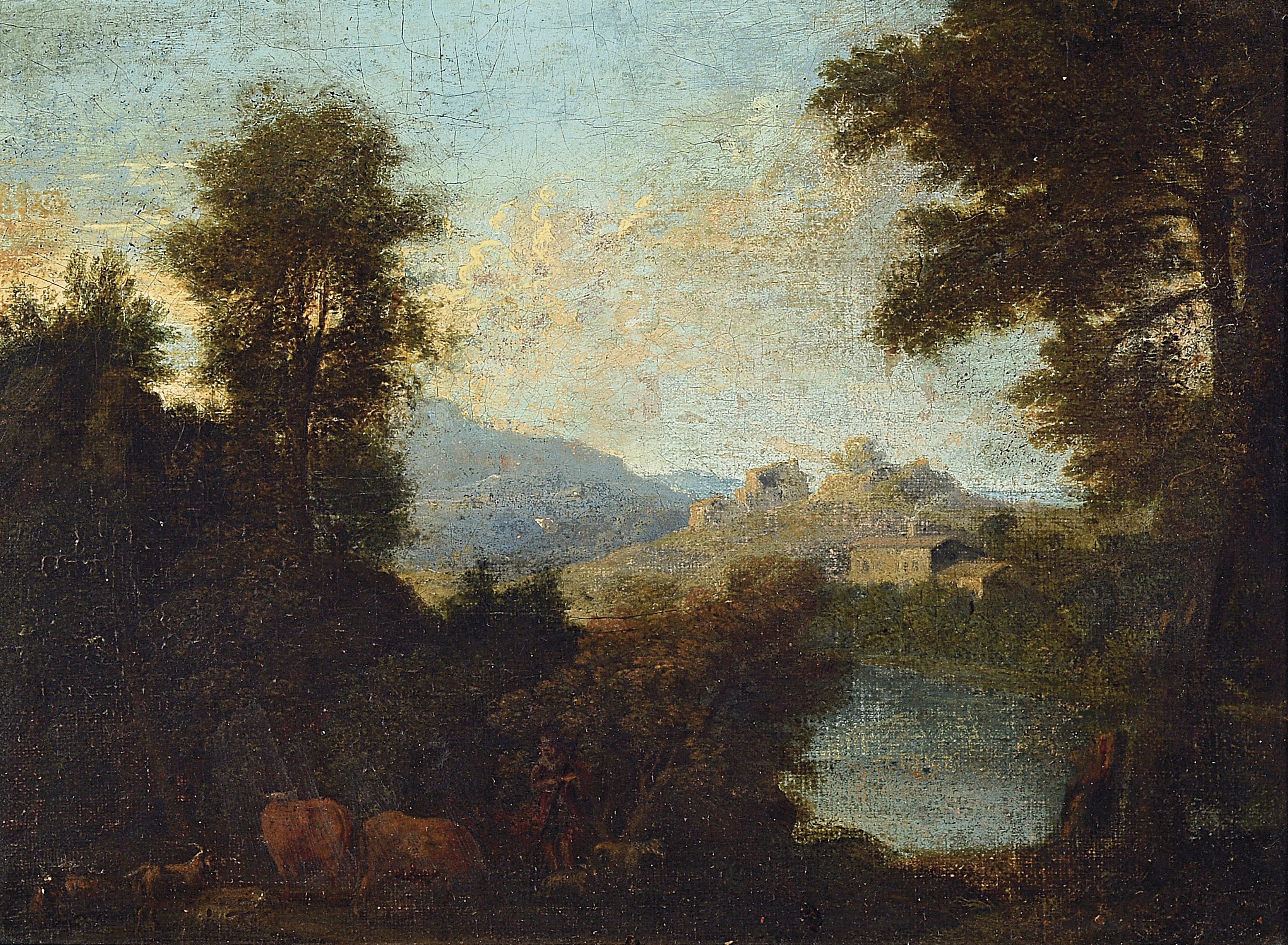 Unbekannter Künstler des ausgehenden 18.Jh.,pastorale Landschaft mit einem Paar Ochsen und rastendem Hirten, Öl/Lwd, restauriert, unsigniert, alter ...