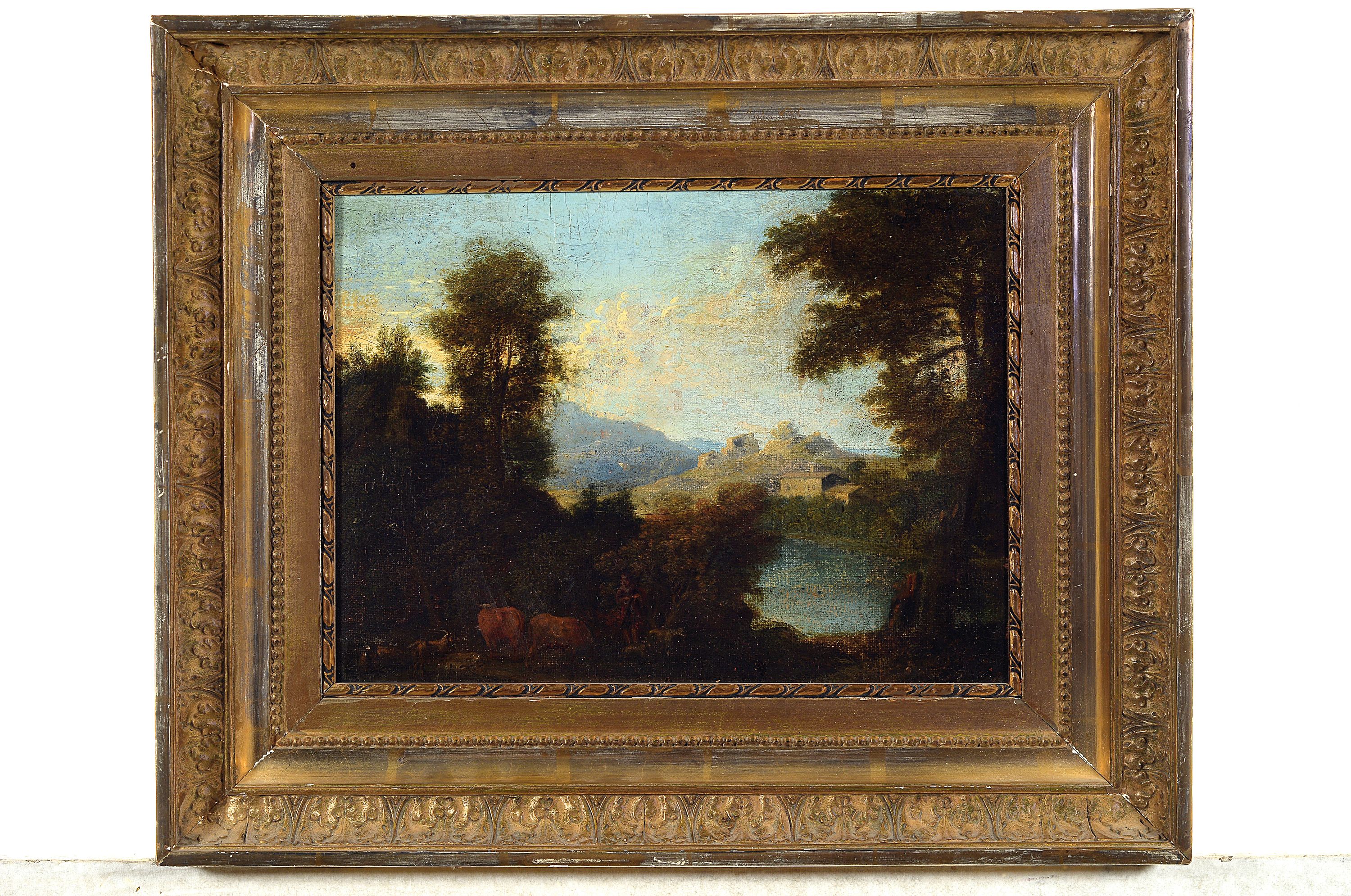 Detail k: Unbekannter Künstler des ausgehenden 18.Jh.,pastorale Landschaft mit einem Paar Ochsen und rastendem Hirten, Öl/Lwd, restauriert, unsigniert, alter ...