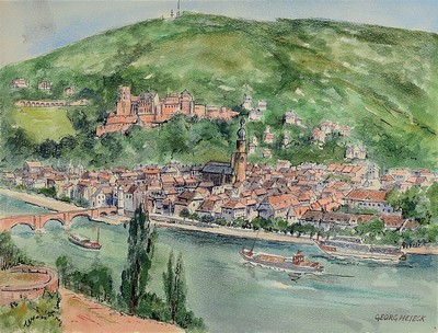 Image 26761115 - Georg Heieck, 1903 Ludwigshafen-1977 Mannheim,watercolor, view from the Philosophenweg on Heidelberg, signed lower right, section 36x46 cm, framed under PP and glass 53x63 cm