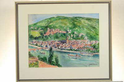 26761115k - Georg Heieck, 1903 Ludwigshafen-1977 Mannheim,watercolor, view from the Philosophenweg on Heidelberg, signed lower right, section 36x46 cm, framed under PP and glass 53x63 cm