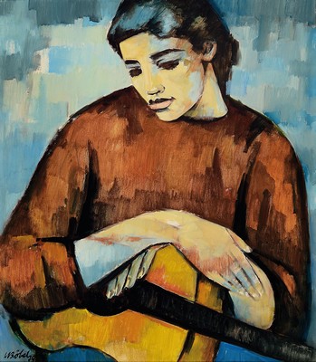 Image 26761153 - Hermann Böbel, 1918 Ingolstadt-1990 Munich, #"The Lute Player#", 1979, oil/canvas, signed lower left and dated, 80x70, frame, 87x77 cm, pictured by Nigbur (representation of representational painting interests): Hermann Böbel, n.d.; Studies at the Zurich Art School,titled as "Bavarian Picasso".