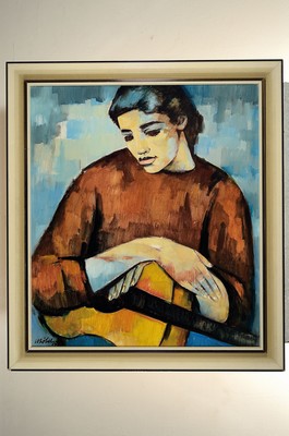 26761153k - Hermann Böbel, 1918 Ingolstadt-1990 Munich, #"The Lute Player#", 1979, oil/canvas, signed lower left and dated, 80x70, frame, 87x77 cm, pictured by Nigbur (representation of representational painting interests): Hermann Böbel, n.d.; Studies at the Zurich Art School,titled as "Bavarian Picasso".