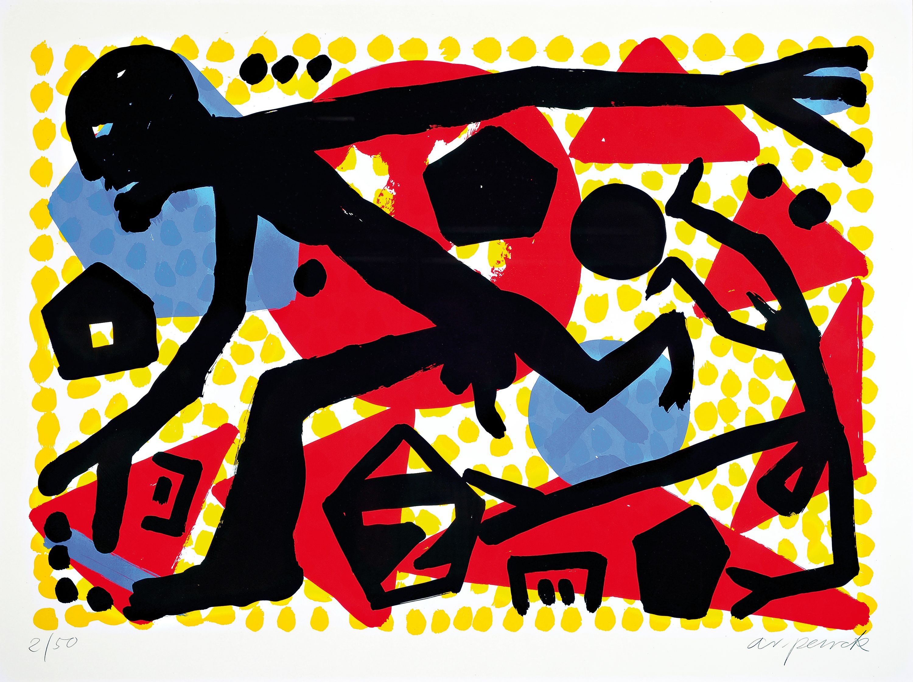 A.R. Penck, 1939-2017, Westsprung, Farbsiebdruck, handsigniert und num. 2/50, ca.81x109cm, u.Gl., R. ca. 87x115cm