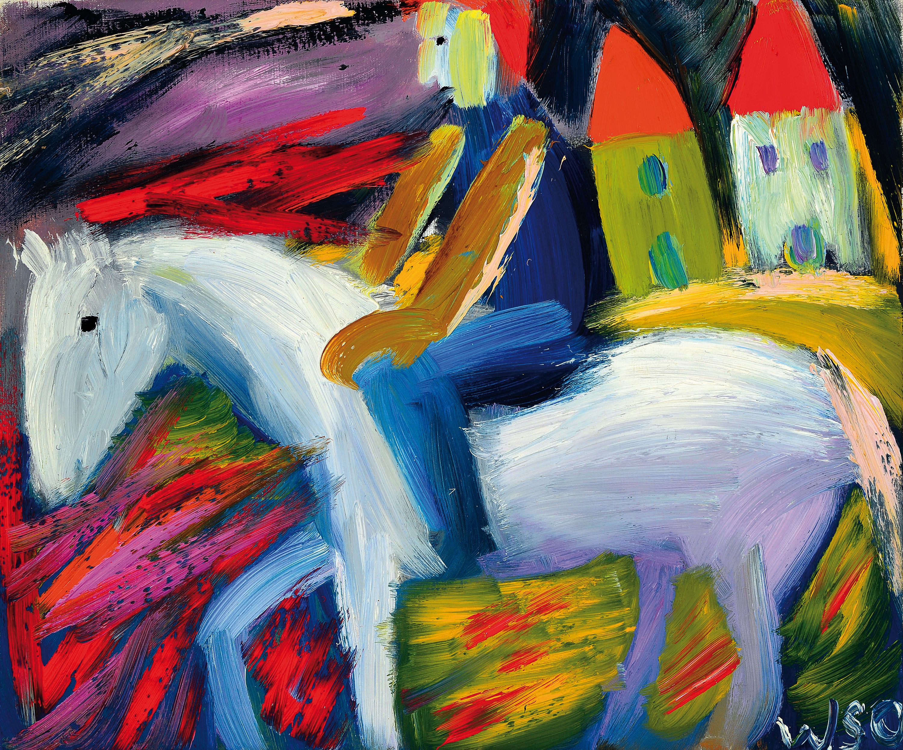 William Skotte Olsen, 1945-2005, Pferd und Reiter, Öl/Lwd, re. u. monogr. WSO, ca. 46x55cm