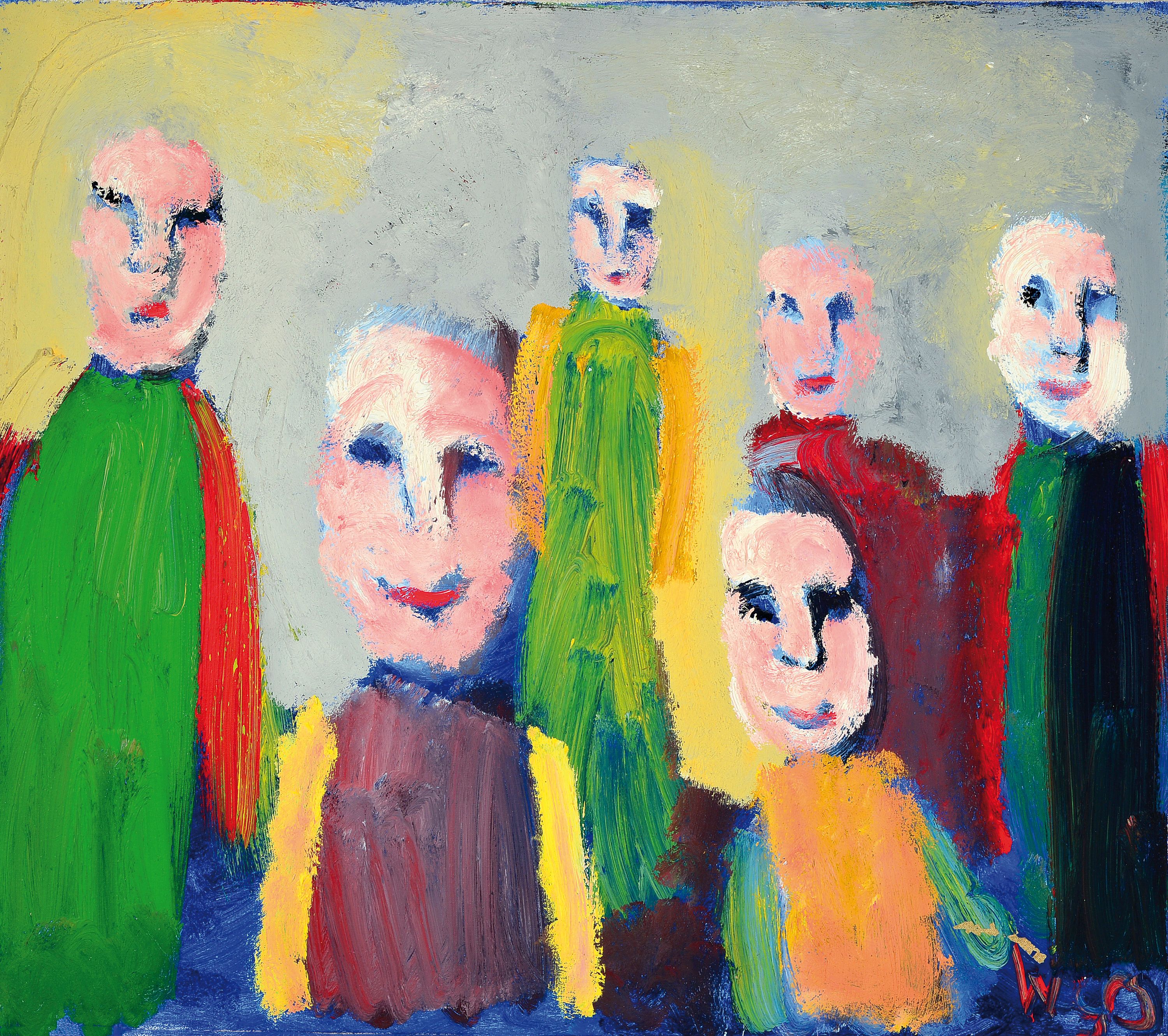 William Skotte Olsen, 1945-2005, 6 Menschen, Öl/Lwd, re. u. monogr. WSO, ca. 70x80cm