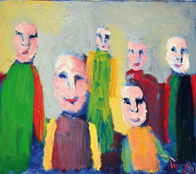 Image 26761402 - William Skotte Olsen, 1945-2005, 6 people, oil/canvas, right. and monogram WSO, approx. 70x80cm