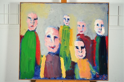 26761402k - William Skotte Olsen, 1945-2005, 6 people, oil/canvas, right. and monogram WSO, approx. 70x80cm