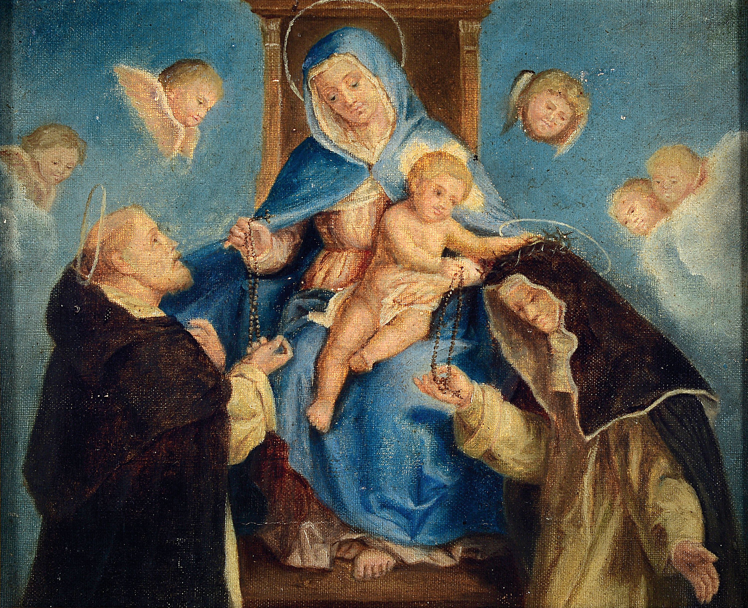 Unbekannter Künstler, süddeutsch, um 1900, Maria mit dem Christuskind geben Rosenkränze an einen Mönch und eine Nonne, umgeben von Puttenköpfen, ...