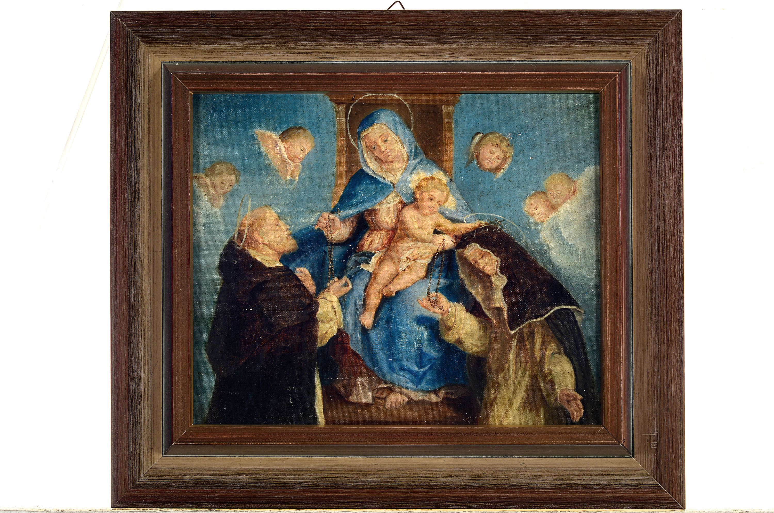 Detail k: Unbekannter Künstler, süddeutsch, um 1900, Maria mit dem Christuskind geben Rosenkränze an einen Mönch und eine Nonne, umgeben von Puttenköpfen, ...