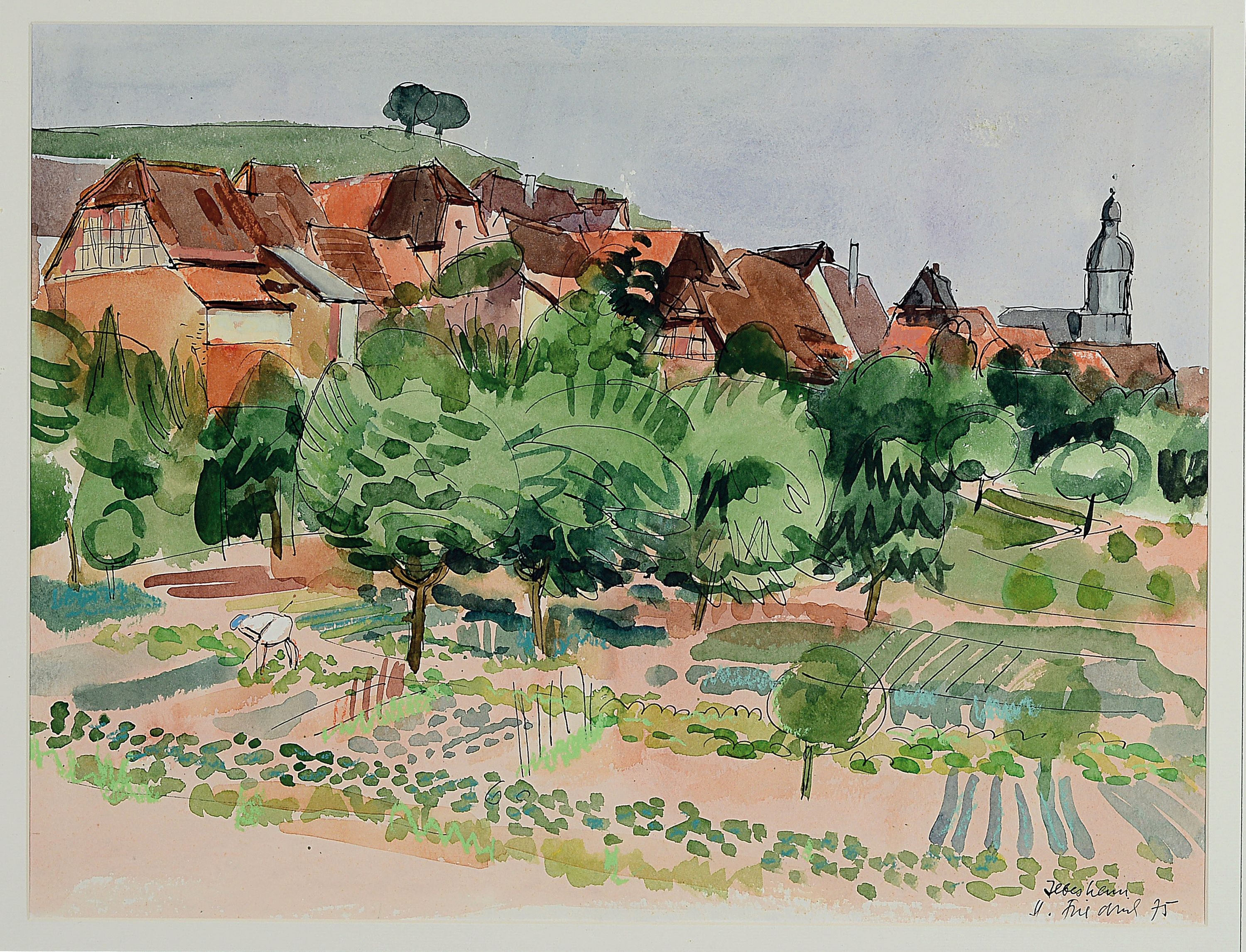 Heinz Friedrich, 1924-2018 Schwetzingen, Blick auf Ilbesheim, Aquarell auf Papier, rechts unten sign., dat. 75 und bez.: Ilbesheim, ca. 41x54cm, PP, ...