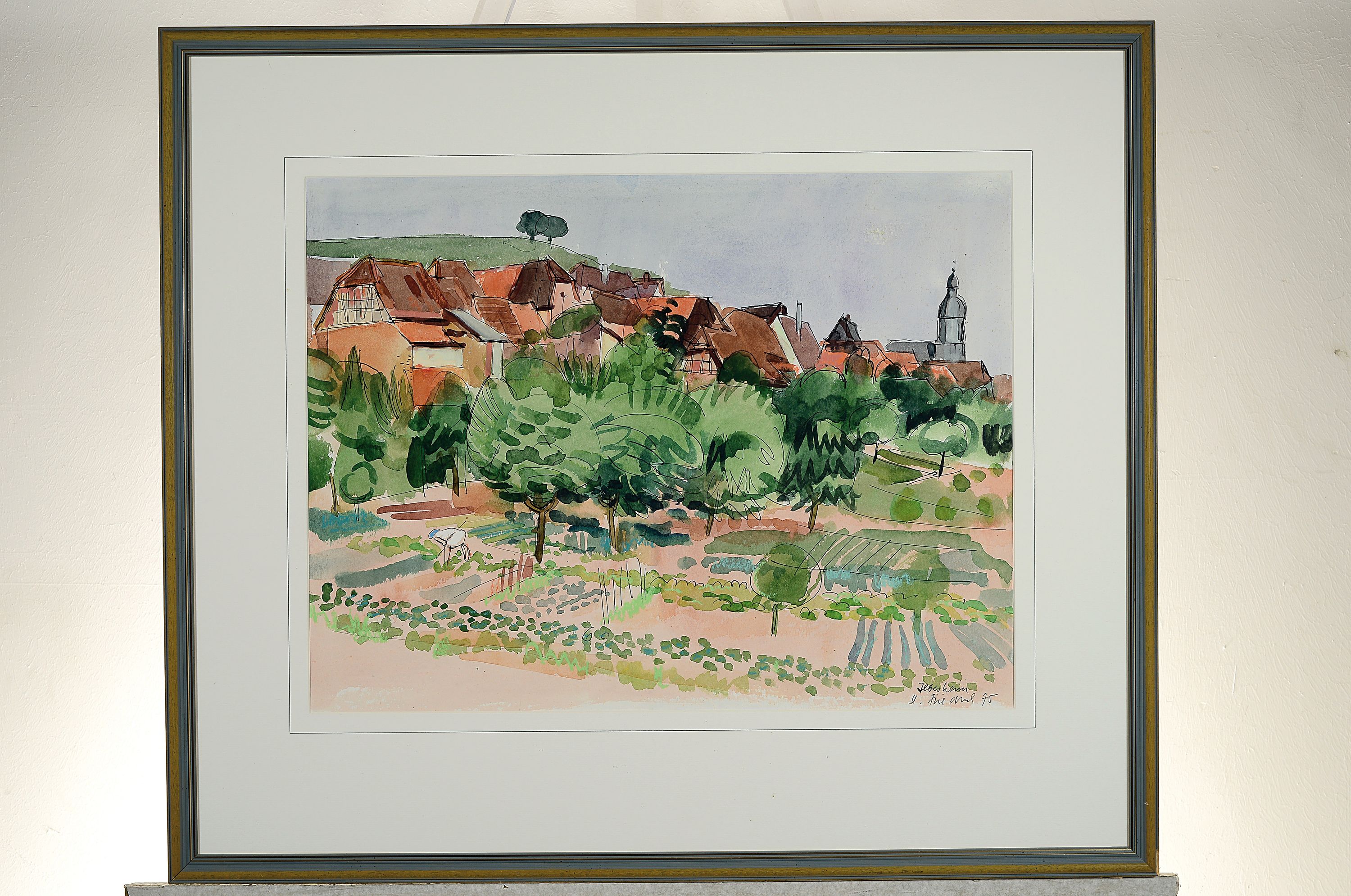 Detail k: Heinz Friedrich, 1924-2018 Schwetzingen, Blick auf Ilbesheim, Aquarell auf Papier, rechts unten sign., dat. 75 und bez.: Ilbesheim, ca. 41x54cm, PP, ...