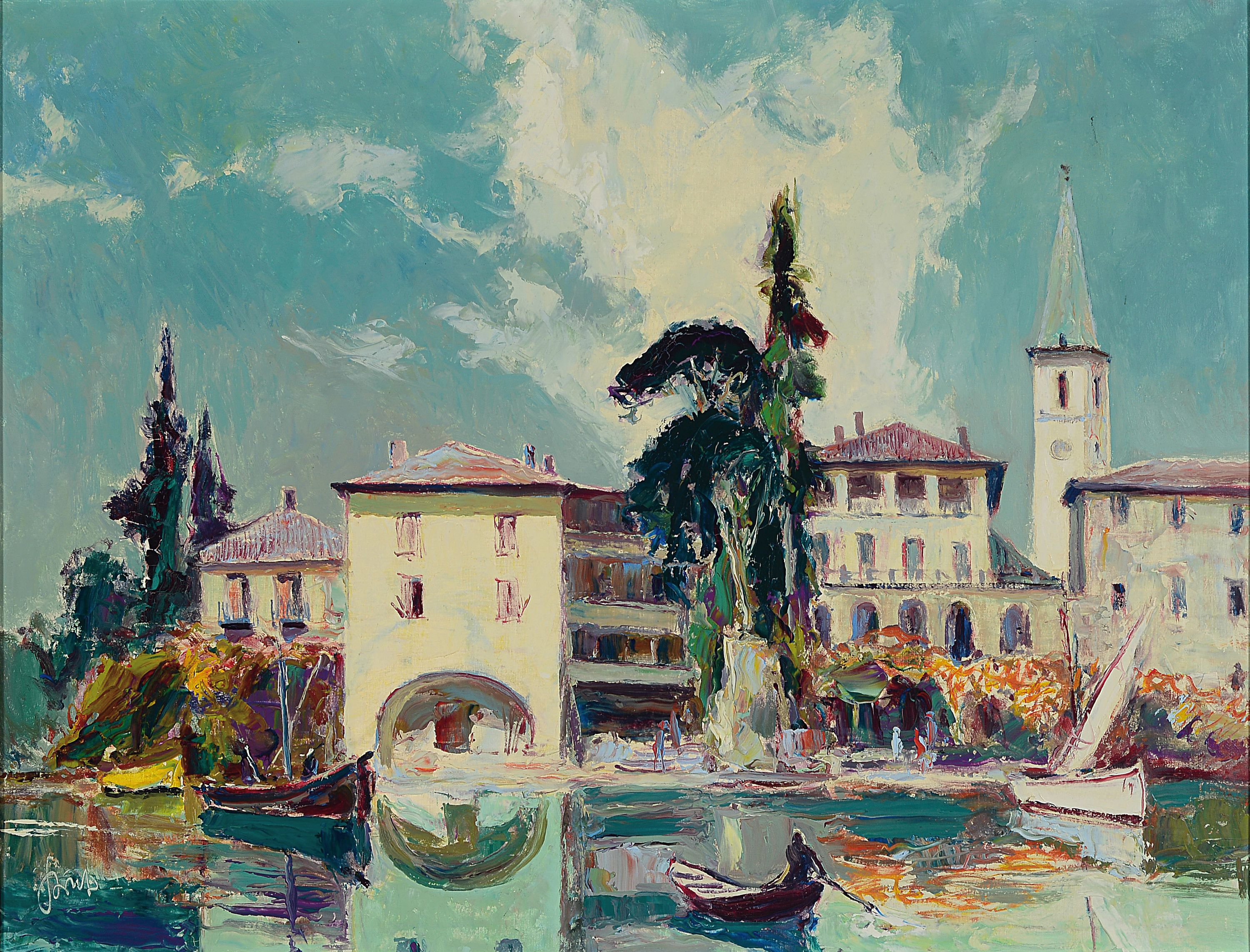Karl Graf, 1902-1986 Speyer, Laveno, Lombardei, Lago Maggiore, so rückseitig betitelt, Blick von der Seeseite, Öl/Lwd, links unten sign., ca. ...