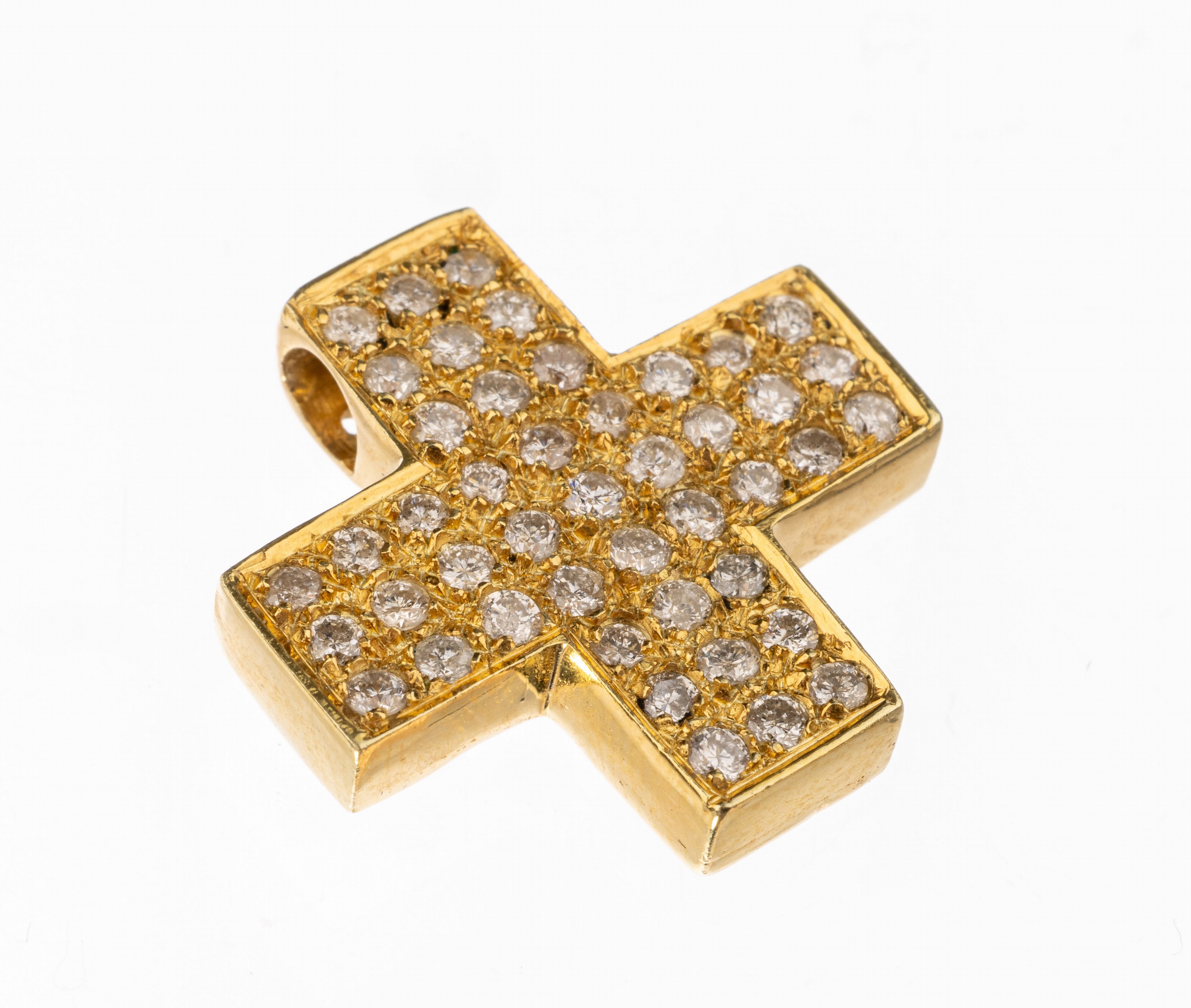 14 kt Gold Brillant-Kreuzanhänger, GG 585/000, 45 Brillanten zus. ca. 0.58 ct Weiß/p, ca. 2.1 x 2.1 cm, ca. 6.5 g