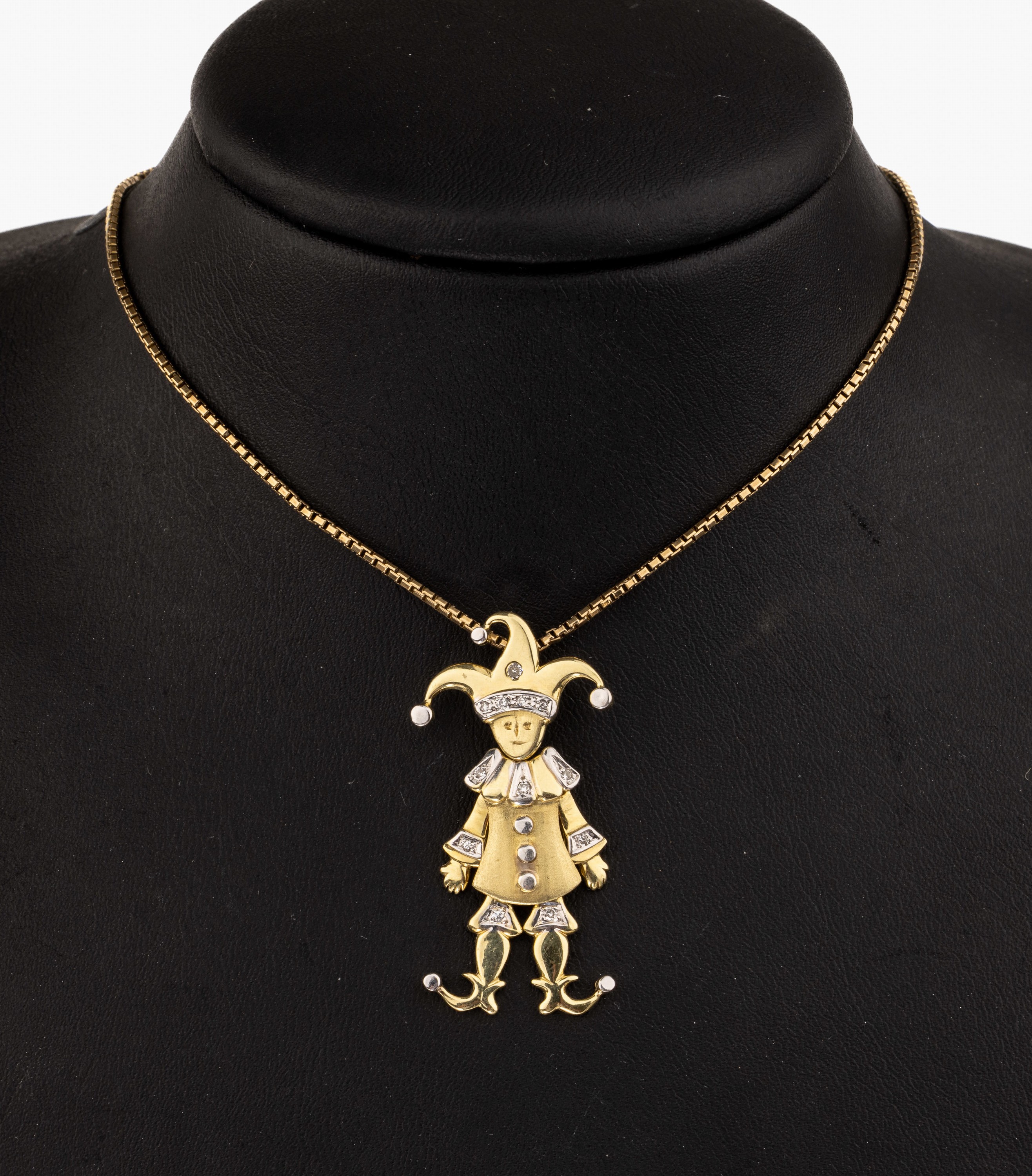14 kt Gold Brillant-Anhänger "Hampelmann", GG 585/000 gepr., Körper, Arme und Beine bewegl., 12 Brillanten zus. ca. 0.08 ct Weiß/si, an ...