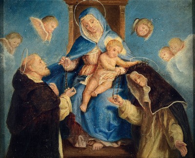 Image 26761621 - Unidentified artist, southern German, around 1900, Mary with the Christ child giving rosaries to a monk and a nun, surrounded by putti heads, oil/canvas, approx. 25x30cm, frame approx. 35x40cm
