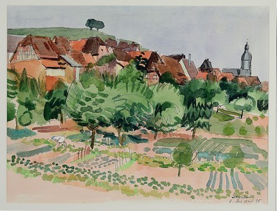 Image 26761623 - Heinz Friedrich, 1924-2018 Schwetzingen, view of Ilbesheim, watercolor on paper, right belowsigned., dat. 75 and inscribed: Ilbesheim, approx. 41x54cm, PP, under glass, frame approx. 63x74cm, Studies at the academy Karlsruhe by Laible and Schnarrenberger