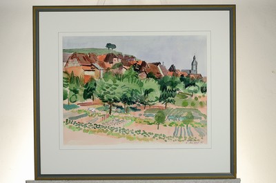 26761623k - Heinz Friedrich, 1924-2018 Schwetzingen, view of Ilbesheim, watercolor on paper, right belowsigned., dat. 75 and inscribed: Ilbesheim, approx. 41x54cm, PP, under glass, frame approx. 63x74cm, Studies at the academy Karlsruhe by Laible and Schnarrenberger