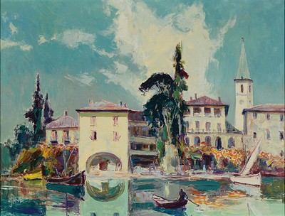 Image 26761625 - Karl Graf, 1902-1986 Speyer, Laveno, Lombardy,Lago Maggiore, so on the back titled, view of the lake side, oil/canvas, lower left sign., approx. 50x65cm, frame approx. 61x77cm