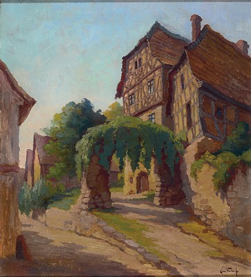 Image 26761628 - Carl Knauf, 1867 Bad Godesberg-1944 Nidden, view of a timbered house with overgrown archway, oil/canvas, signed lower right, approx. 56x50cm, frame approx. 68x64cm, studied at the academy Düsseldorf and worked early in East Prussia, in 1931 he settled in the immediate vicinity of Thomas Mann's holiday home in Nidden, frame minor damages