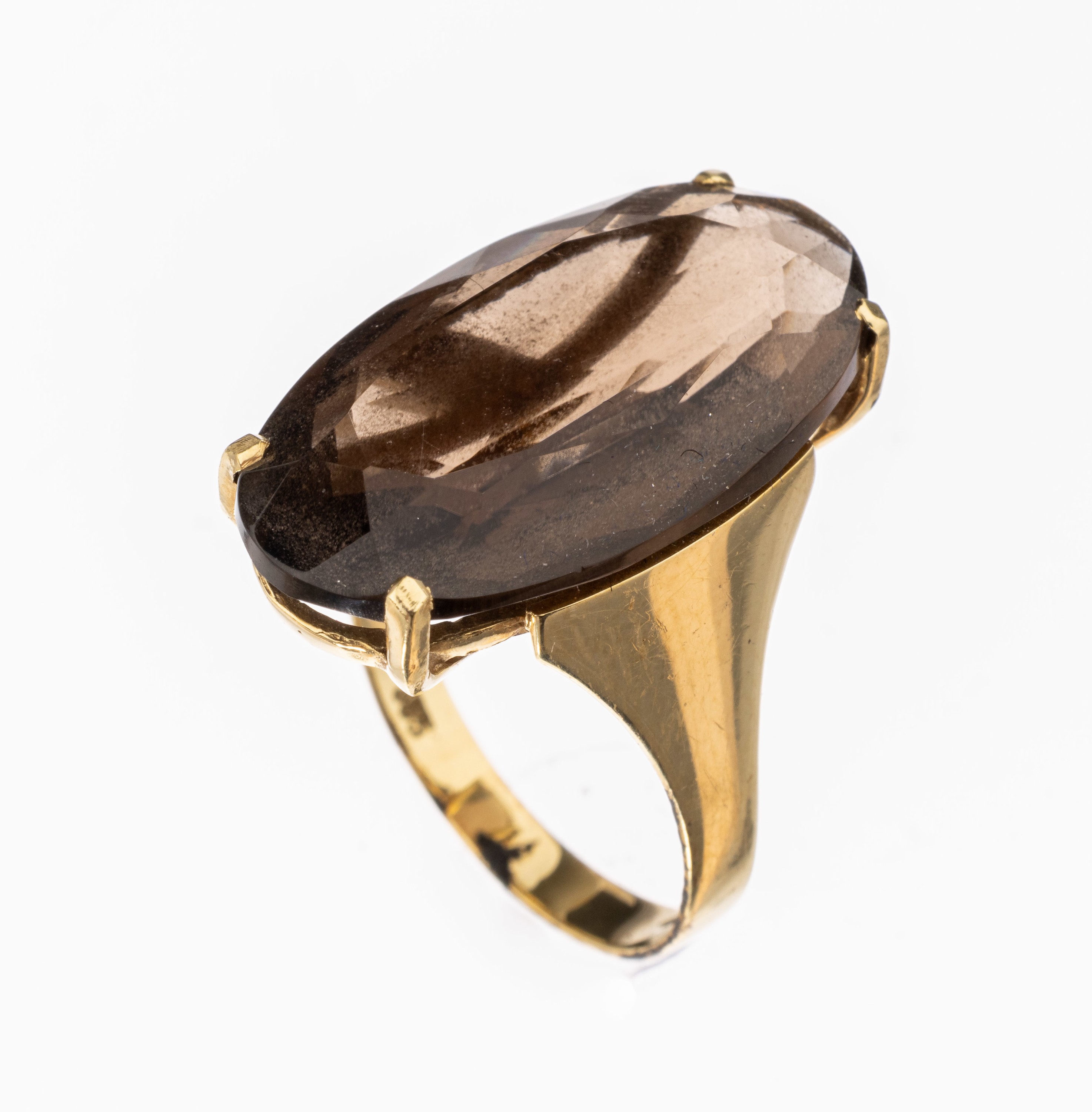 14 kt Gold Rauchquarz-Ring, GG 585/000, ovalfacett. Rauchquarz ca. 12.0 ct, RW 55, ca.6.7 g