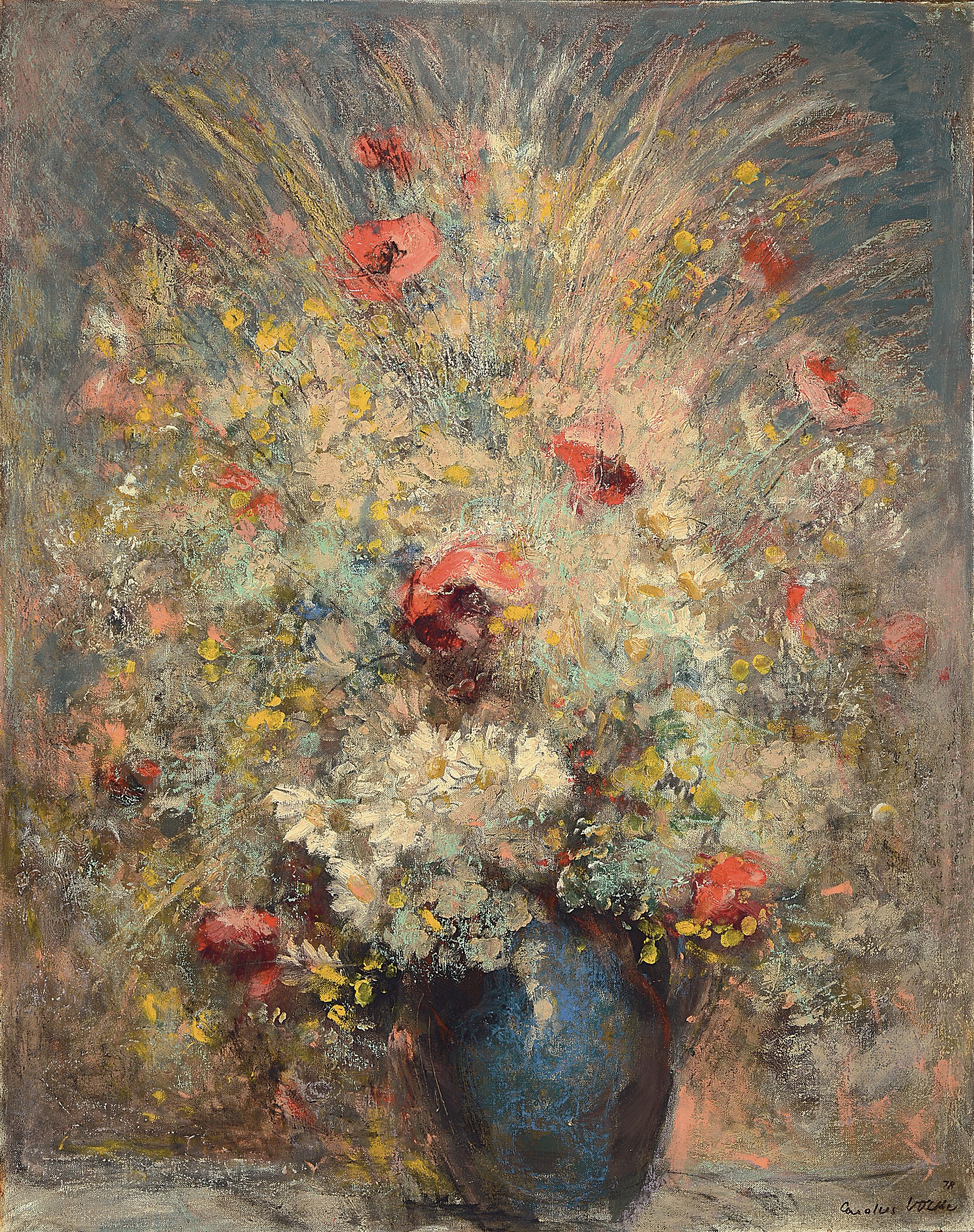 Carolus Vocke, 1899 Heilbronn-1979 Mannheim,Üppiges Blumenstillleben, Öl/Hartfaser, rechts unten signiert und dat. 78, ca. 88x70cm, R., Studium an ...