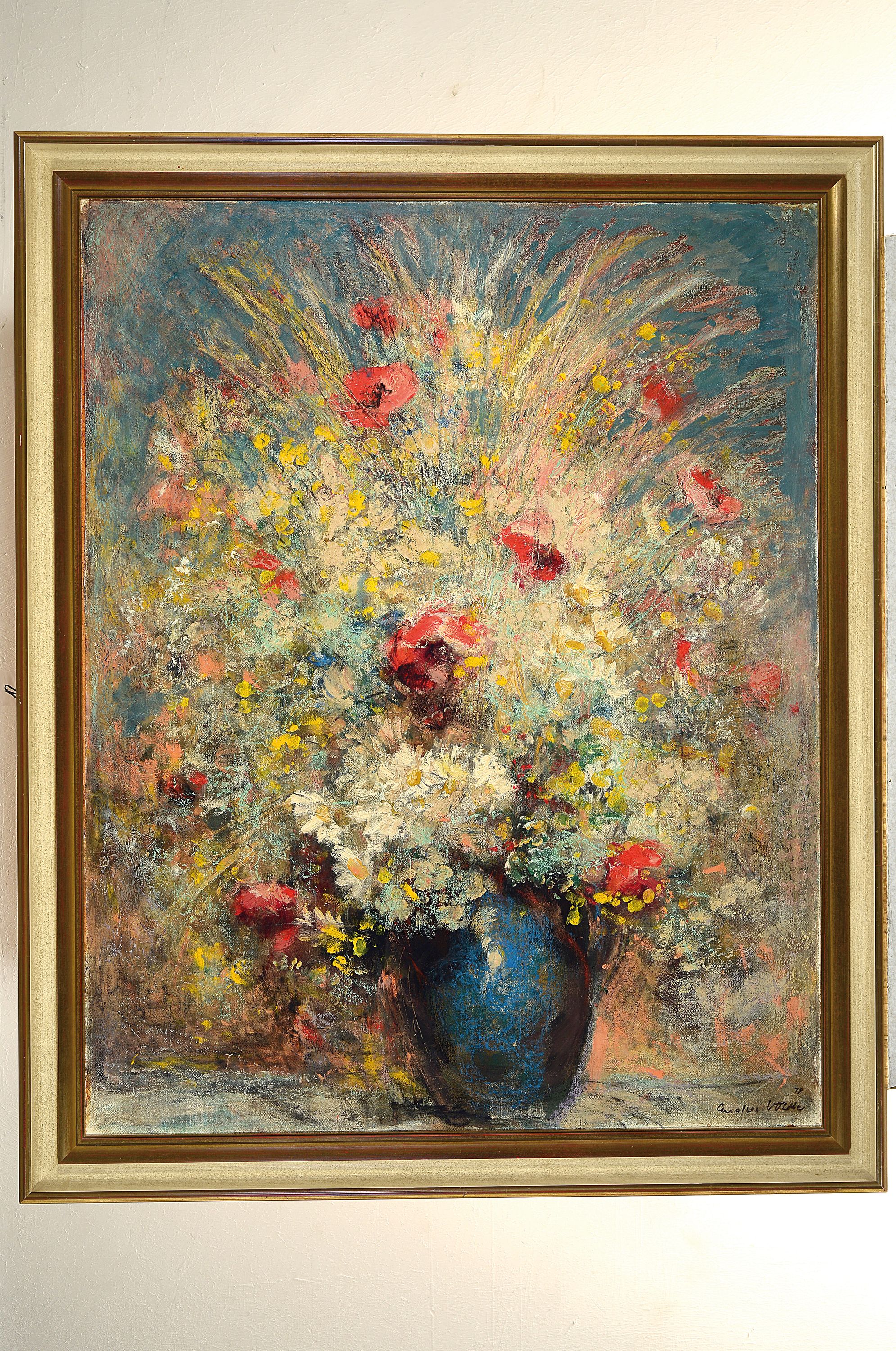 Detail k: Carolus Vocke, 1899 Heilbronn-1979 Mannheim,Üppiges Blumenstillleben, Öl/Hartfaser, rechts unten signiert und dat. 78, ca. 88x70cm, R., Studium an ...