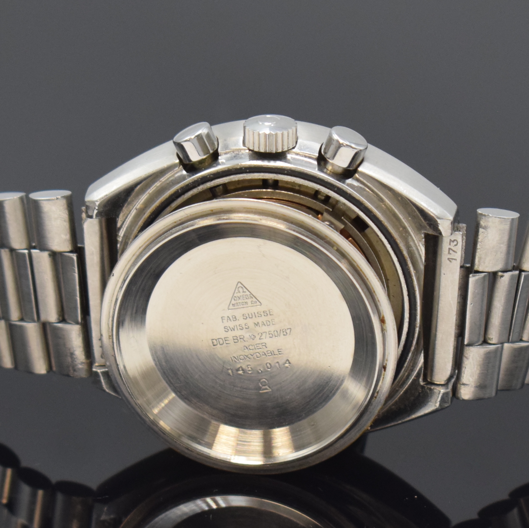 Detail f: OMEGA Speedmaster Mark II Armbandchronograph Referenz 145.014, Handaufzug, Schweiz um 1970, verschr. Edelstahlgeh. inkl. orig. Gliederband m. ...