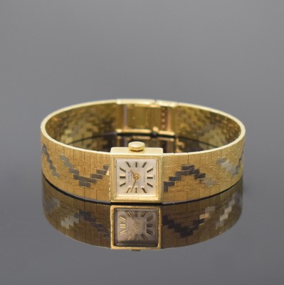 Image 26762220 - CARIB 14k yellow gold ladies wristwatch, Switzerland around 1970, manual winding, snap on case back, silvered dial with applied hour-indices, gilded hands, calibre AS 1977, 17 jewel, measures approx. 14 x 14 mm, length approx. 17 cm, weight approx. 35g, needs to be overhauled, condition 2