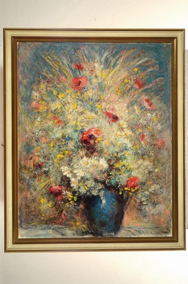 26762232k - Carolus Vocke, 1899 Heilbronn-1979 Mannheim, Lush Still life with flowers, oil/hardboard, signed lower right and dat. 78, approx. 88x70cm, frame, Studies at the academy Karlsruhe, worked in Mannheim from 1957, created and restored numerous frescoes, including in Karlsruhe City Hall, in Mannheim Castle and in the Rococo Theater Schwetzingen