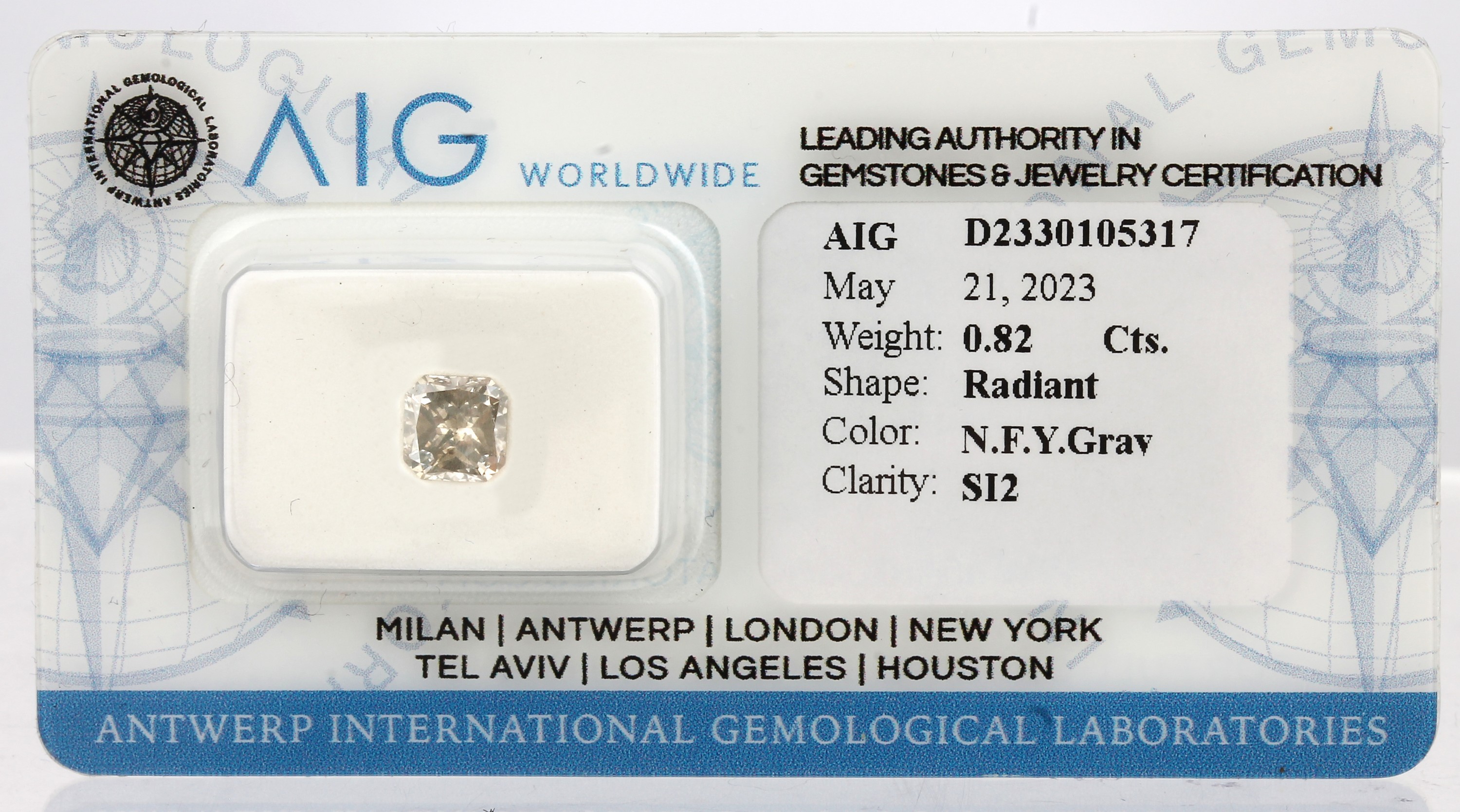 Loser Diamant, 0.82 ct natural fancy yellowish Grey/si2, eingeschweißt mit AIG- Expertise