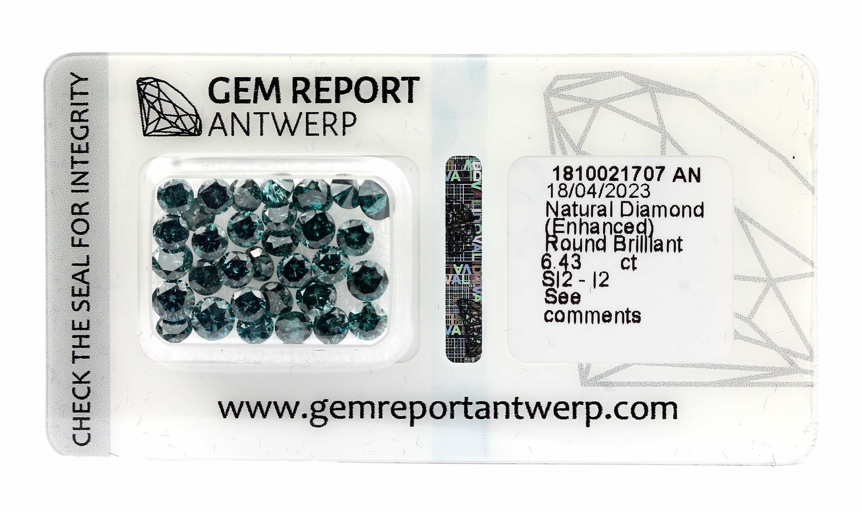 Lot lose Brillanten, 6.43 ct Blau(beh.)/si2-p2, eingeschweißt, mit Gem Report Antwerp- Expertise