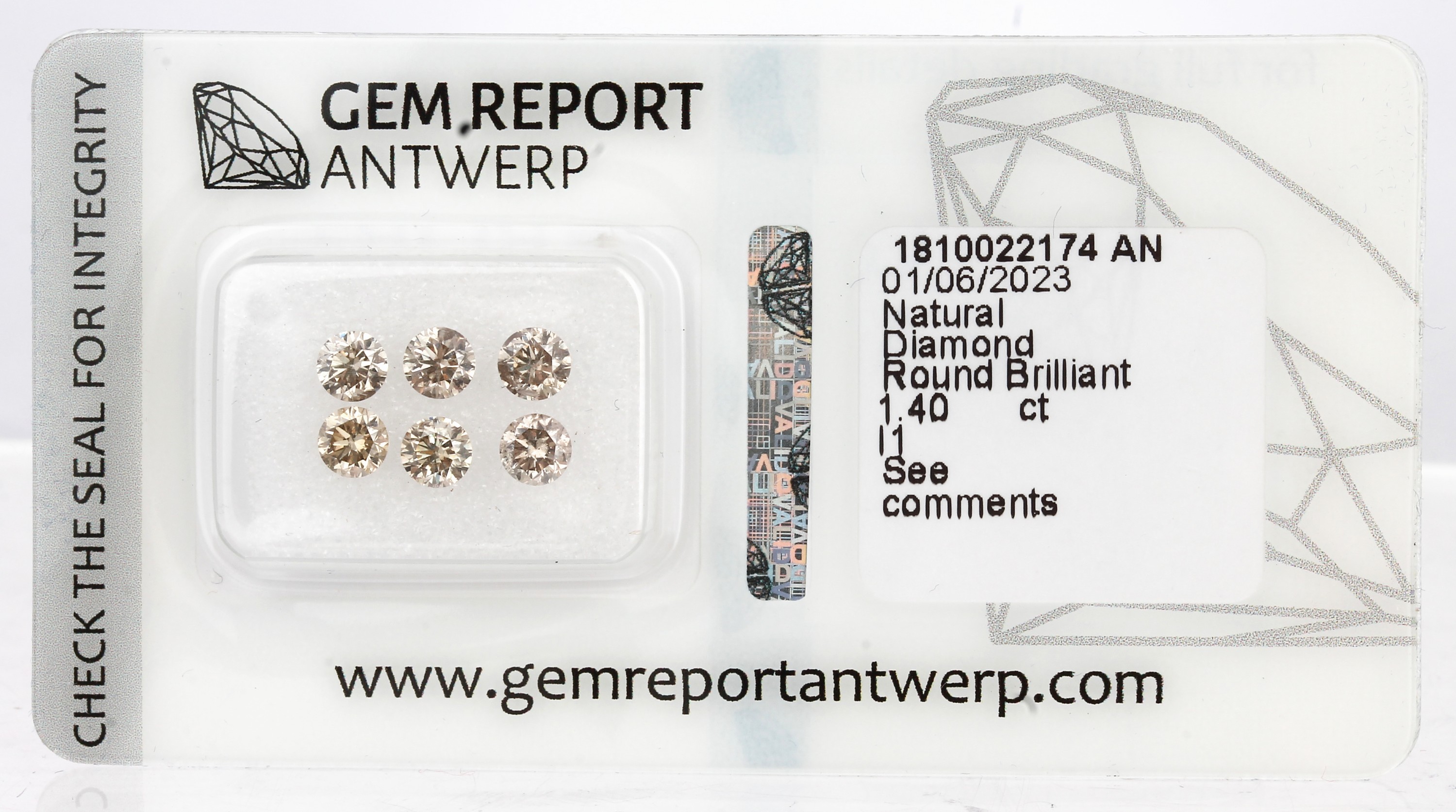 Lot 6 lose Brillanten, 1.40 ct natural fancy light yellowish Brown-brownish Yellow/p1, eingeschweißt, mit Gem Report Antwerp Expertise