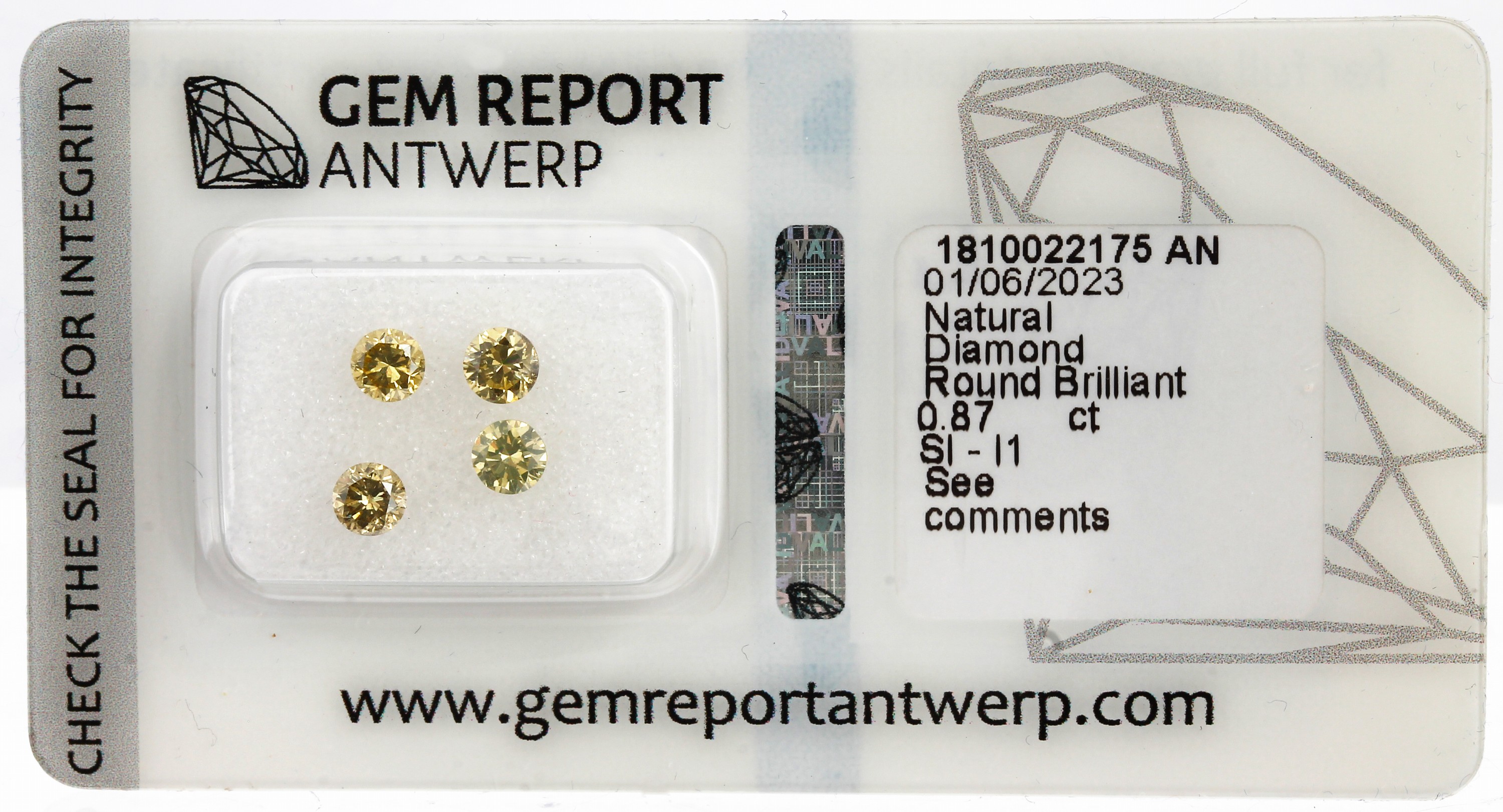 Lot 4 lose Brillanten, 0.87 ct natural fancy yellow-greenish yellow/si-p1, eingeschweißt, mit Gem Report Antwerp- Expertise