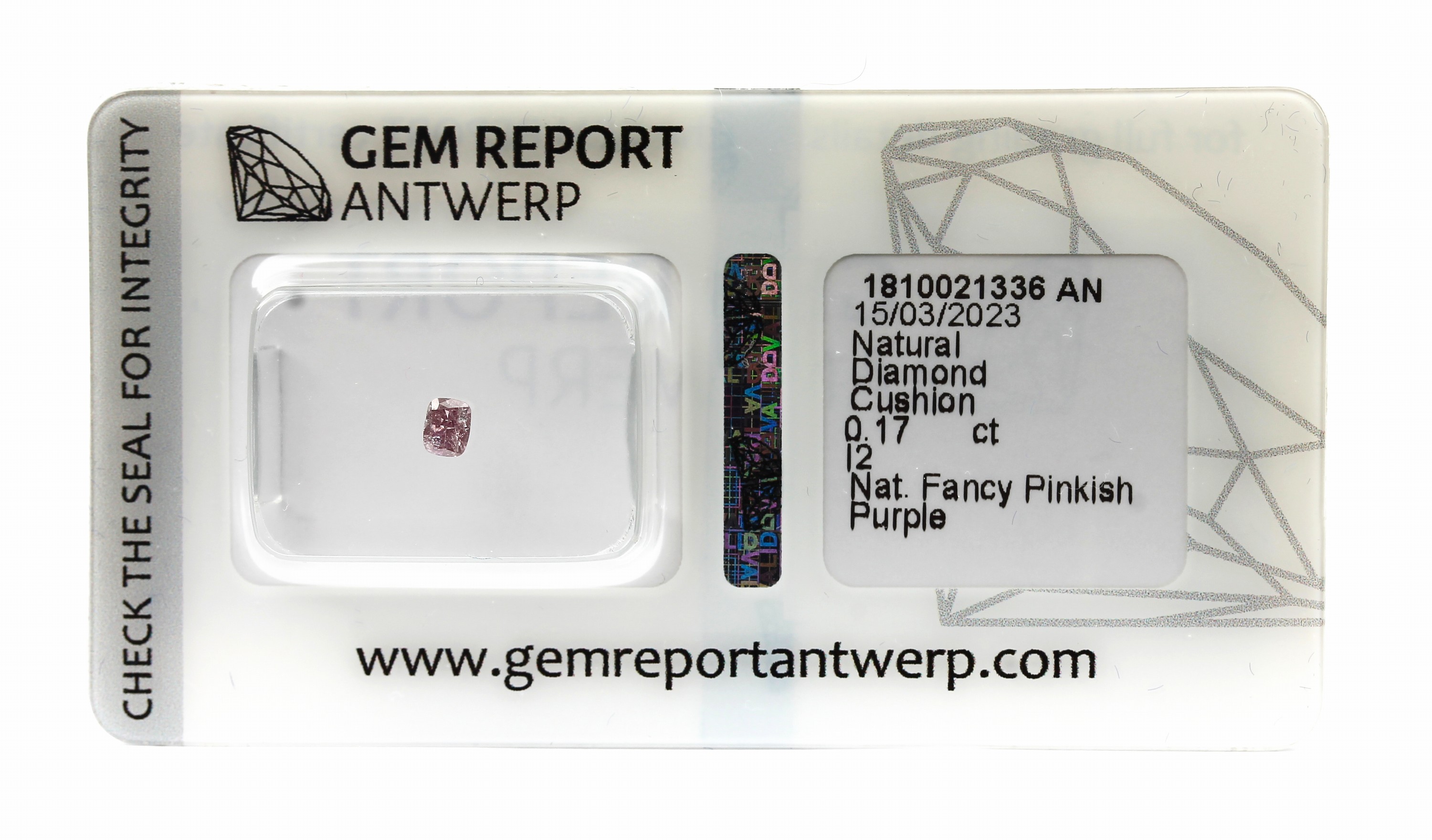 Loser Diamant, Cushion-Cut, 0.17 ct naturalfancy pinkish purple/p2, eingeschweißt, mit Gem Report Antwerp-Expertise