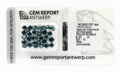 Image 26762644 - Lot loose brilliants, 6.43 ct Blue (treated)/si2 -p2, sealed, with Gem Report Antwerp expertise Valuation Price: 3900, - EUR