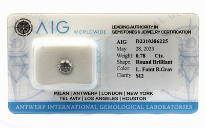 Image 26762667 - Loose brilliant, 0.78 ct, faint brownish gray/si2, sealed, with AIG-expertise Valuation Price: 1350, - EUR
