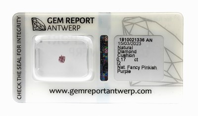 Image 26762678 - Loose diamond, Cushion-Cut, 0.17 ct natural fancy pinkish purple/p2, sealed, with Gem Report Antwerp-expertise Valuation Price: 780, - EUR