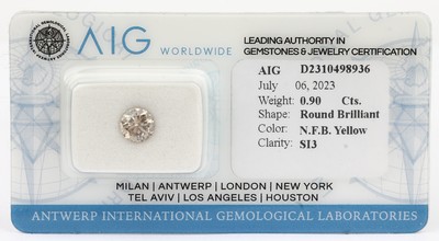 Image 26762679 - Loose brilliant, 0.90 ct natural fancy brown yellow/si3, sealed, with AIG-expertise Valuation Price: 1100, - EUR