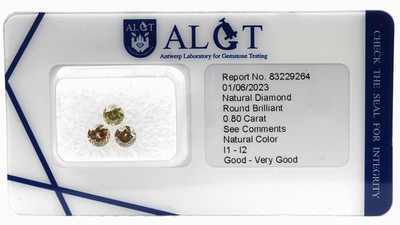 Image 26762692 - Lot 3 loose brilliants, 0.80 ct natural fancy light brownish yellow-natural fancy brown- yellow-natural fancy greenish yellow/p1- p2, sealed, with ALGT-expertise Valuation Price: 980, - EUR