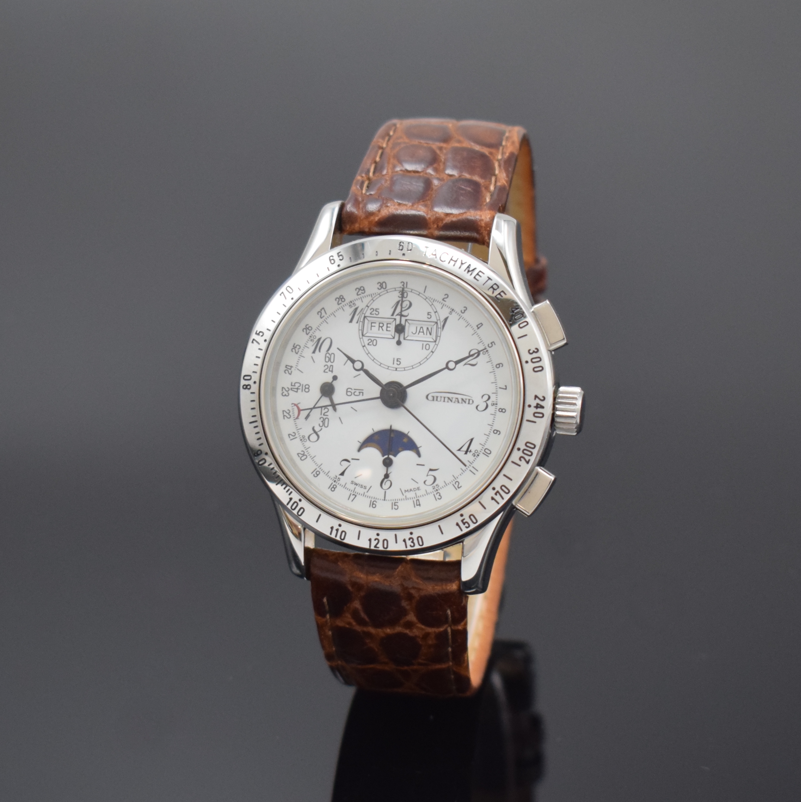 GUINAND nahezu neuwertiger Armbandchronograph, Schweiz um 2005, Automatik, Edelstahlgeh., Boden u. Krone verschr., Lün. m. grav. Tachymeterskala, ...