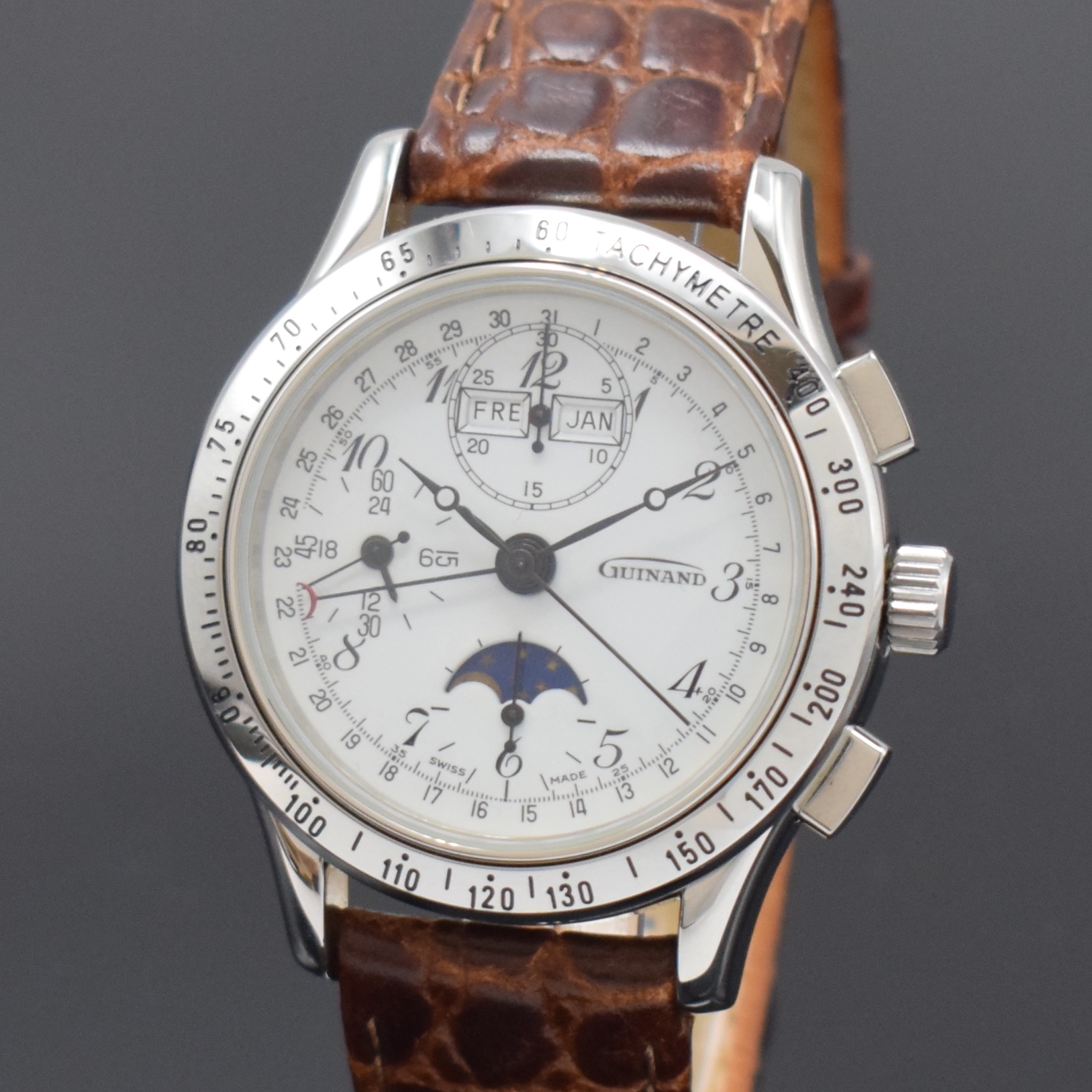 Detail a: GUINAND nahezu neuwertiger Armbandchronograph, Schweiz um 2005, Automatik, Edelstahlgeh., Boden u. Krone verschr., Lün. m. grav. Tachymeterskala, ...