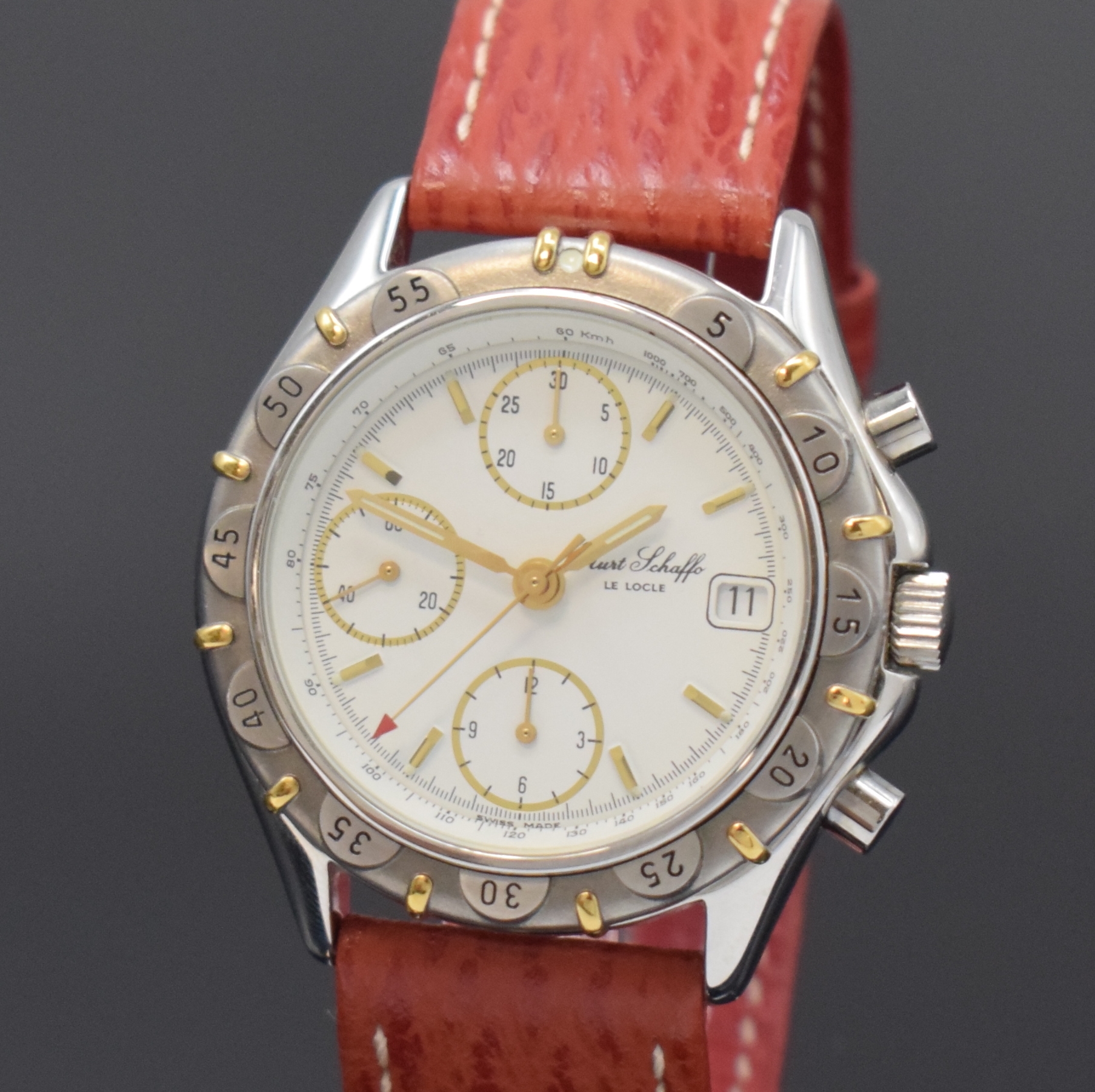 Detail a: KURT SCHAFFO Armbandchronograph in Stahl, Schweiz um 2010, Automatik, Boden u. Krone verschr., Lünette m. 60er Teilung eins. drehb., weißes ...