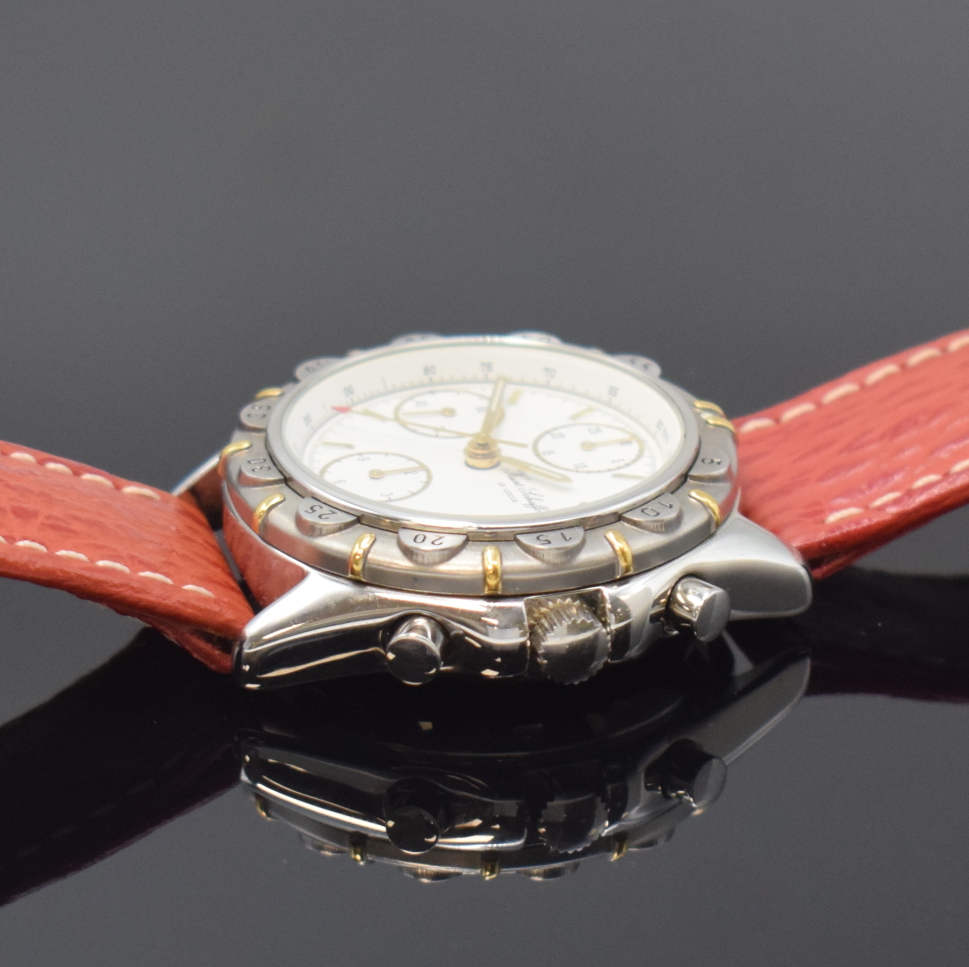 Detail b: KURT SCHAFFO Armbandchronograph in Stahl, Schweiz um 2010, Automatik, Boden u. Krone verschr., Lünette m. 60er Teilung eins. drehb., weißes ...