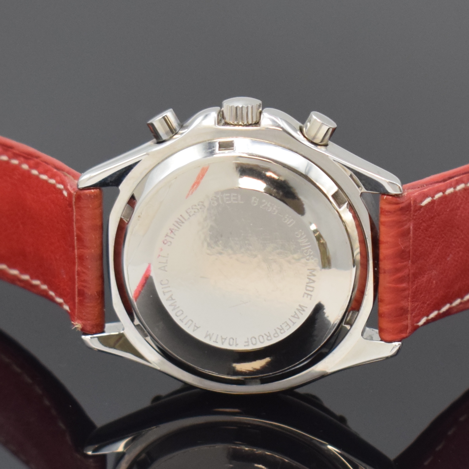 Detail c: KURT SCHAFFO Armbandchronograph in Stahl, Schweiz um 2010, Automatik, Boden u. Krone verschr., Lünette m. 60er Teilung eins. drehb., weißes ...