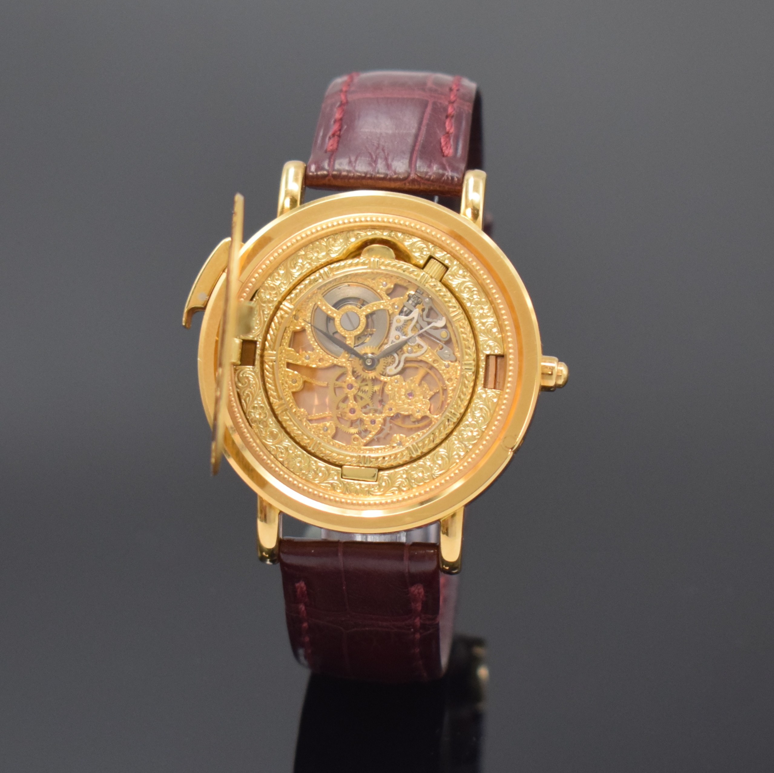 KURT SCHAFFO seltene Twenty Dollars Münzarmband-/Taschenuhr mit skelettiertem Werk, Schweiz um 1995, Handaufzug, Geh. in GG 750/000, Lederband m. ...