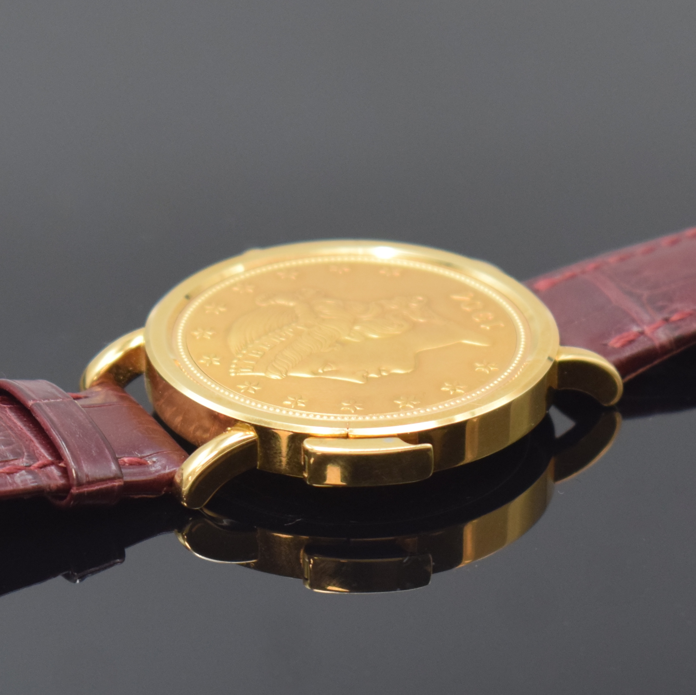 Detail g: KURT SCHAFFO seltene Twenty Dollars Münzarmband-/Taschenuhr mit skelettiertem Werk, Schweiz um 1995, Handaufzug, Geh. in GG 750/000, Lederband m. ...