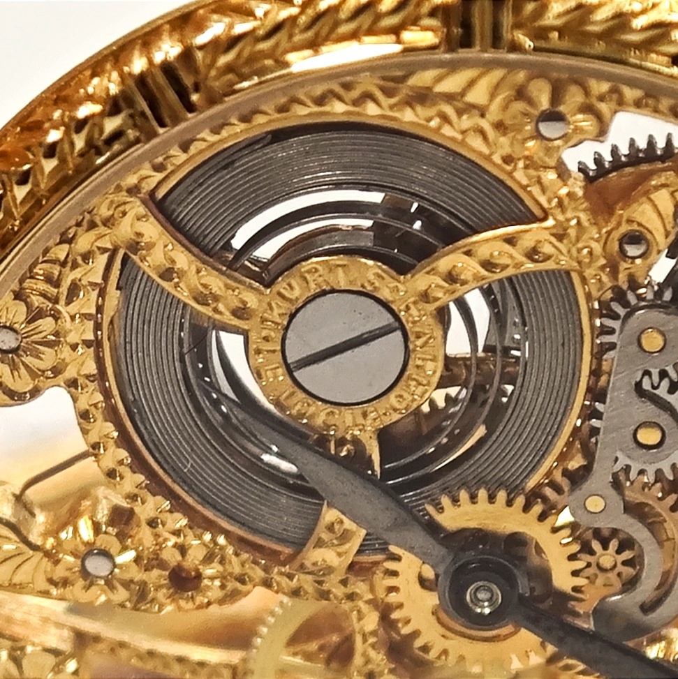 Detail n: KURT SCHAFFO seltene Twenty Dollars Münzarmband-/Taschenuhr mit skelettiertem Werk, Schweiz um 1995, Handaufzug, Geh. in GG 750/000, Lederband m. ...